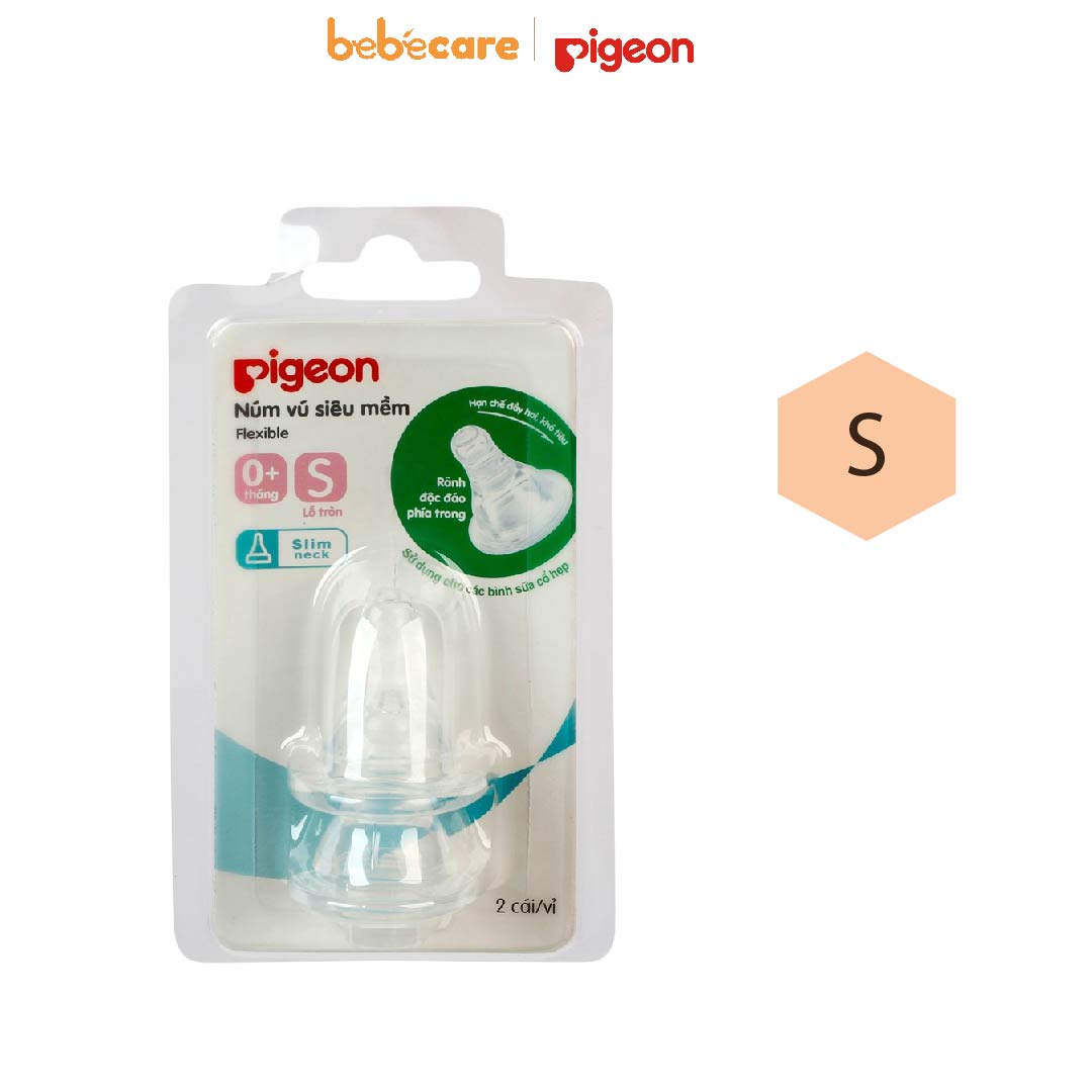 Pigeon (1080)-Vỉ 2 Núm Ti Cổ Hẹp Size S Silicone Pigeon (Từ 0 Tháng)